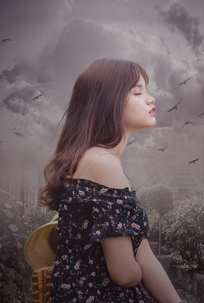 fantasy, sky, clouds, birds, garden, light, woman, girl, young, beauty, model, meditation, atmosphere, composing, book cover, photoshop, photomanipulation, gray sky, gray book, gray books, gray meditation, gray light, gray clouds, gray fantasy, gray beauty, nature, gray garden, gray model, gray gardening, gray lights